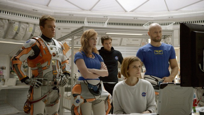 (from left) Matt Damon, Jessica Chastain, Sebastian Stan, Kate Mara, and Aksel Hennie portray the crewmembers of the fateful mission to Mars.