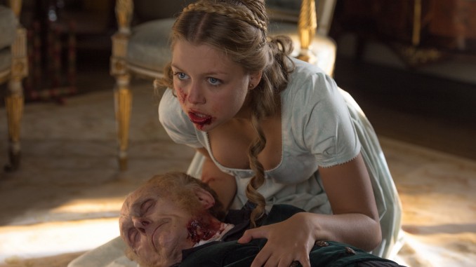 Annabelle (Jess Radomska) chewing her grandfather in Screen Gems' PRIDE AND PREJUDICE AND ZOMBIES.