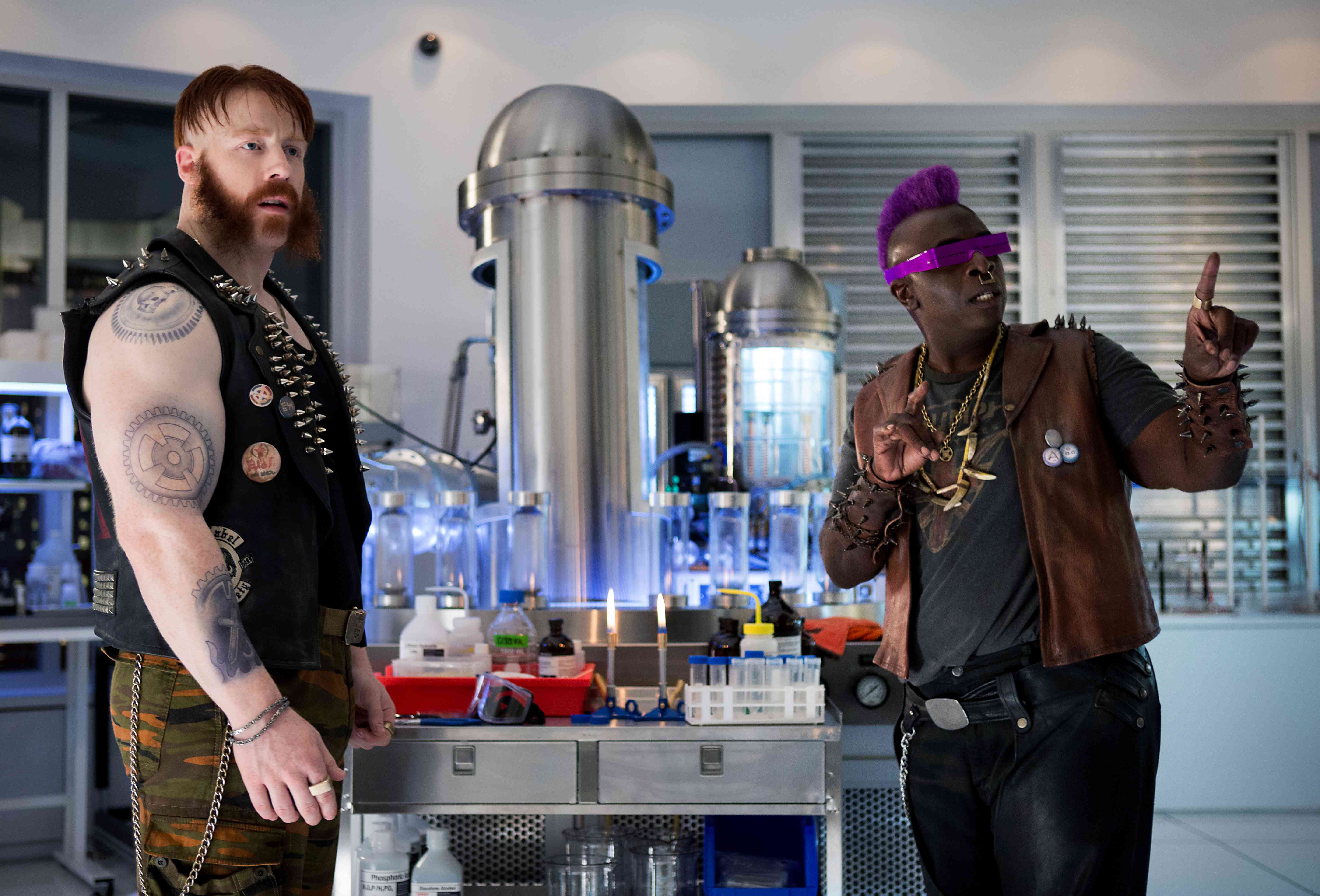 Left to right: Stephen Farrelly (Sheamus) as Rocksteady and Gary Anthony Williams as Bebop in Teenage Mutant Ninja Turtles: Out of the Shadows from Paramount Pictures, Nickelodeon Movies and Platinum Dunes