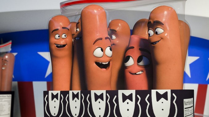 Carl (Jonah Hill, 2nd), Barry (Michael Cera, 3d) and Frank (Seth Rogen, rt) in Columbia Pictures' SAUSAGE PARTY.