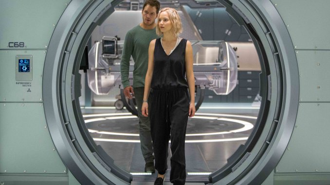 Jim (CHRIS PRATT) and Aurora (JENNIFER LAWRENCE) try to make sense of this mess with Gus in Columbia Pictures' PASSENGERS