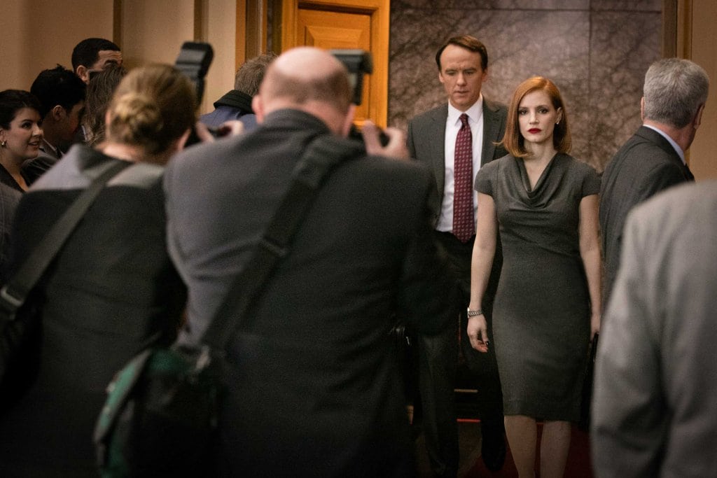 M8 David Wilson Barnes (left) and Jessica Chastain (right) star in EuropaCorp's "Miss Sloane". Photo Credit: Kerry Hayes © 2016 EuropaCorp Ð France 2 Cinema
